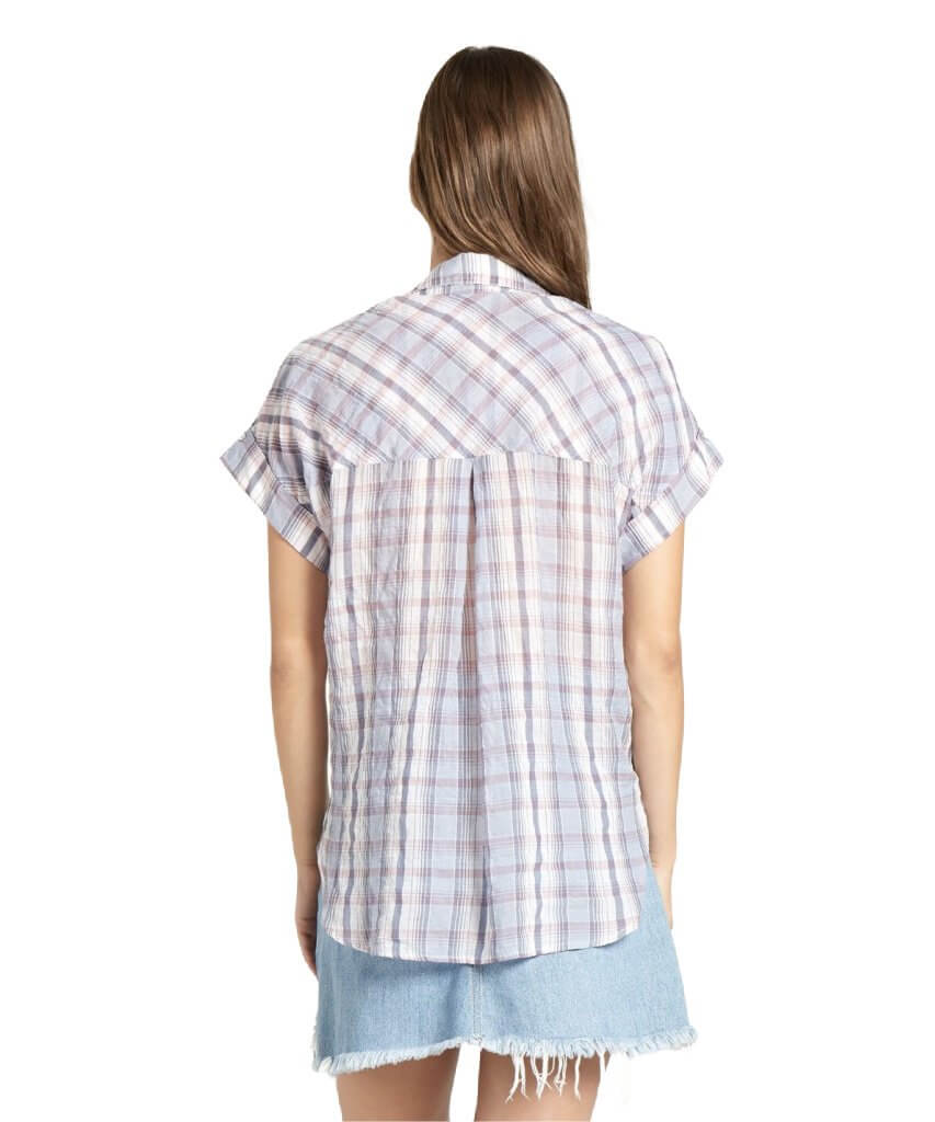 Rolled Short Sleeve Button Down Blue Plaid - miamidrugpossession