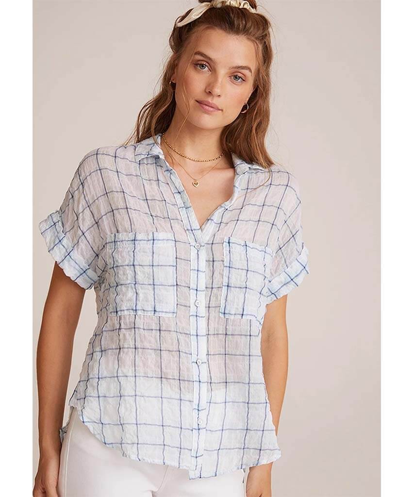 Rolled Short Sleeve Button Down Blue Plaid - miamidrugpossession