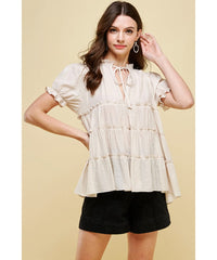 Ruffle Tier Short Sleeve Tunic Ivory - PINK ARROWS