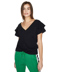 Ruffle V - Neck, Black - PINK ARROWS