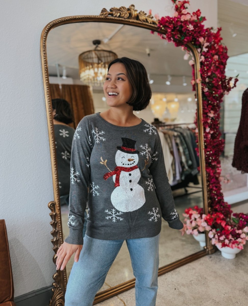 Sequin Snow Day Snowman Christmas Sweater Gray - miamidrugpossession