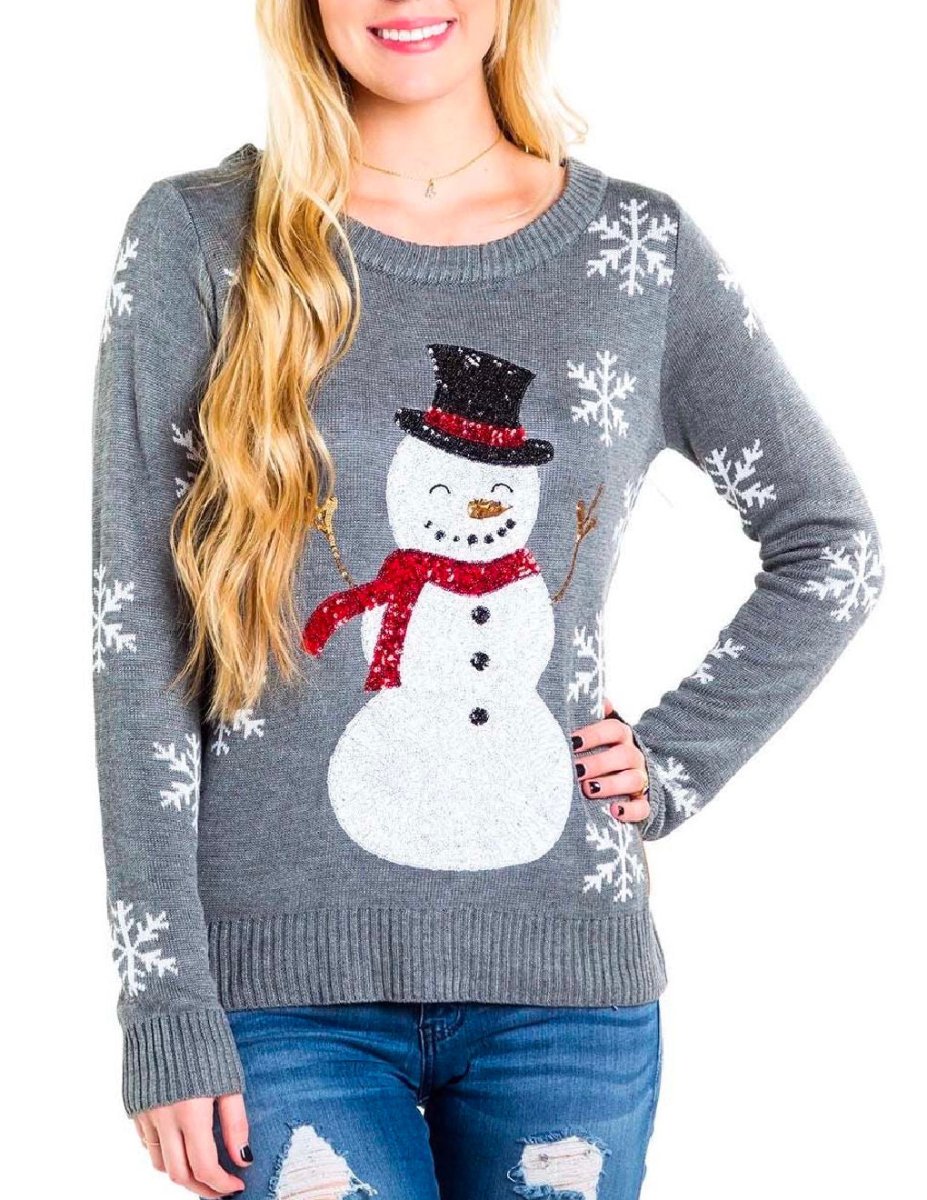 Sequin Snow Day Snowman Christmas Sweater Gray - miamidrugpossession