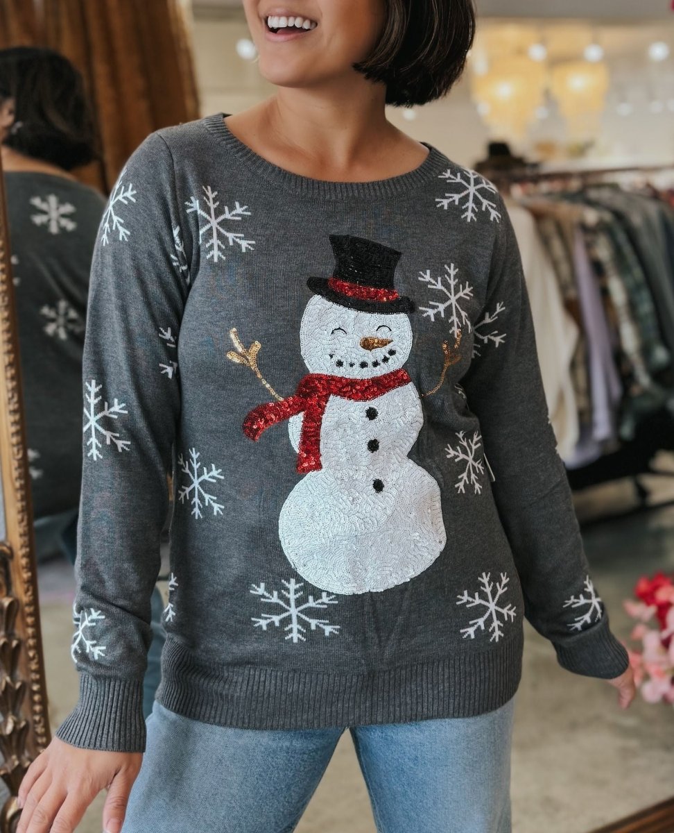 Sequin Snow Day Snowman Christmas Sweater Gray - miamidrugpossession