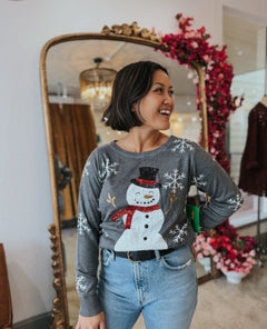 Sequin Snow Day Snowman Christmas Sweater Gray - clearpathherbicide