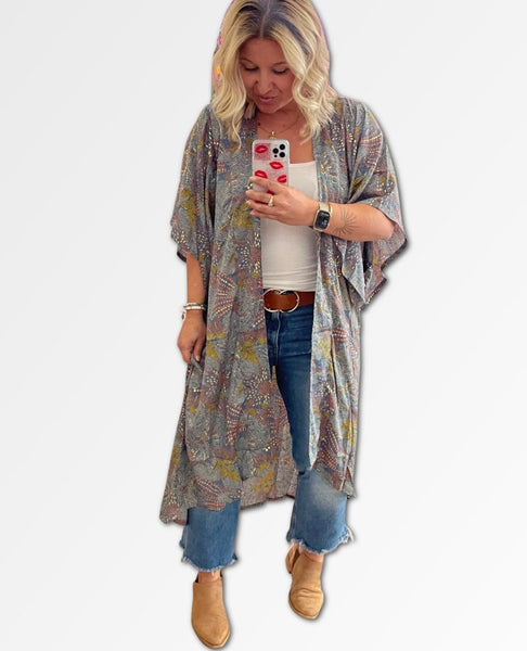 Silver Metallic Print Kimono Long - miamidrugpossession