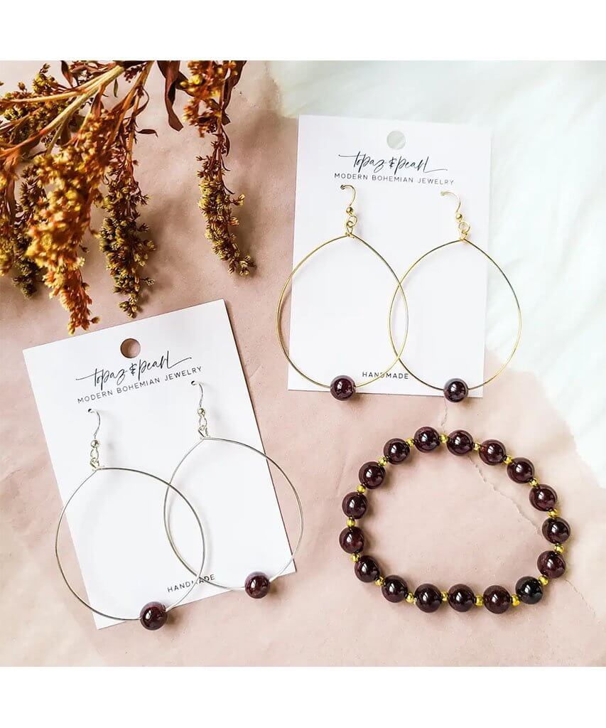 Simple Beaded Modern Gold Hoop Garnet - miamidrugpossession