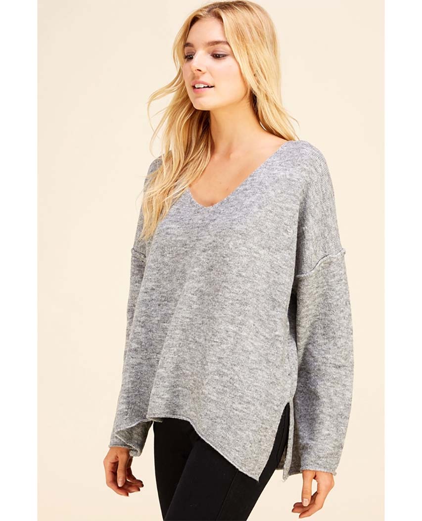 Soft V Neck Knit Sweater Charcoal - miamidrugpossession