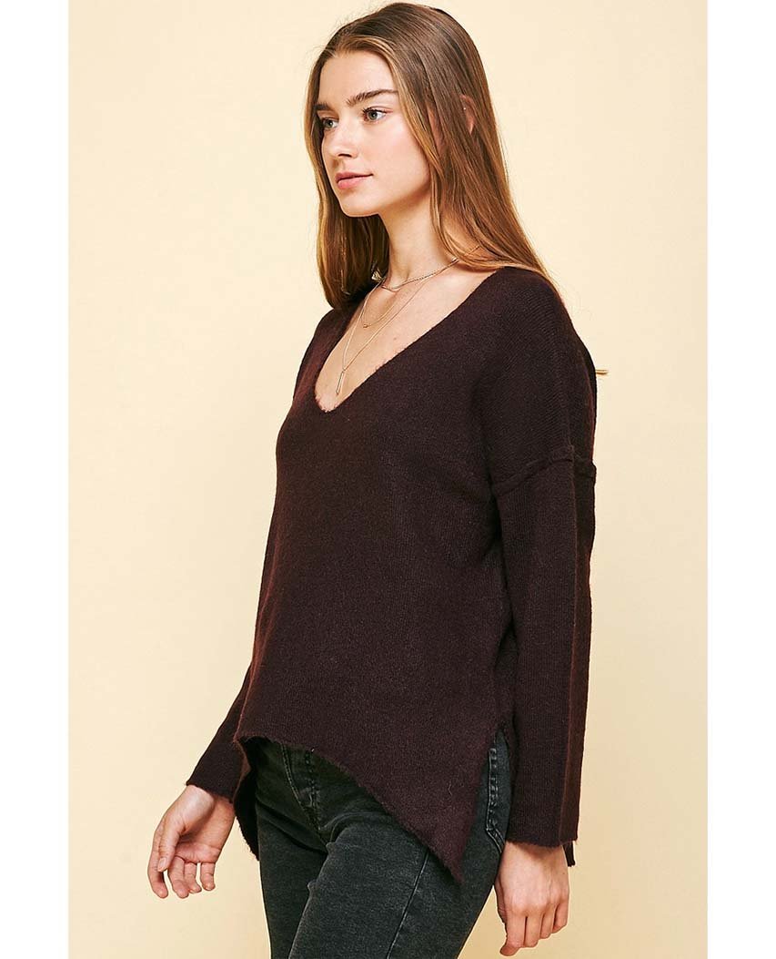 Soft V Neck Knit Sweater Wine - miamidrugpossession