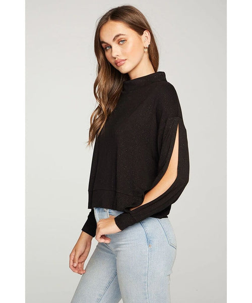 Split Sleeve Mock Neck Black Sparkle - miamidrugpossession