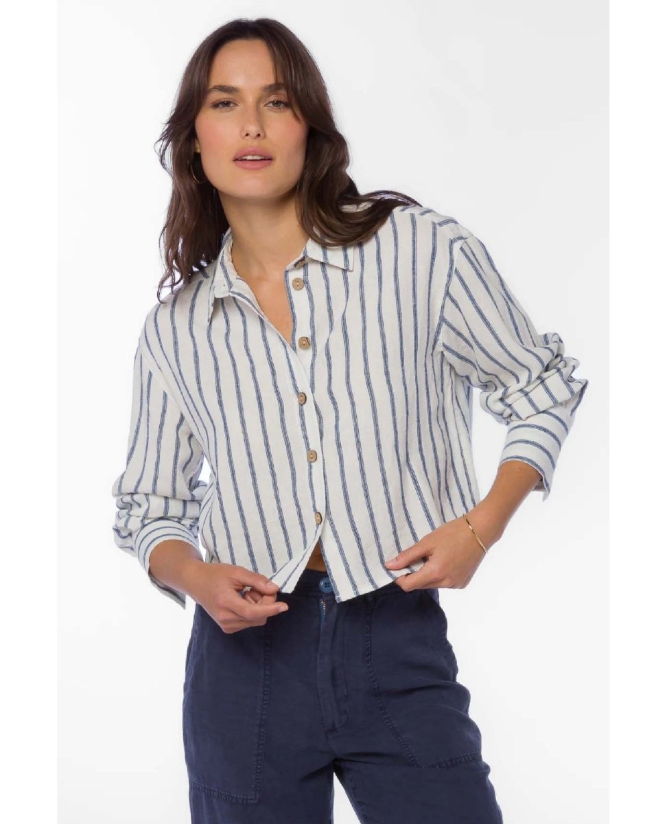 Summerlyn Long Sleeve Button Up Navy Stripe Shirt - PINK ARROWS