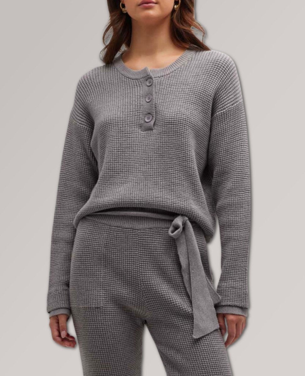 Supersoft Sweater - Knit Waffle Henley Top Dark Heath - clearpathherbicide