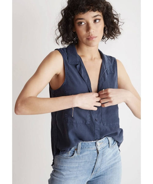 Trimmed Sleeveless Button Down Bermuda Navy - clearpathherbicide