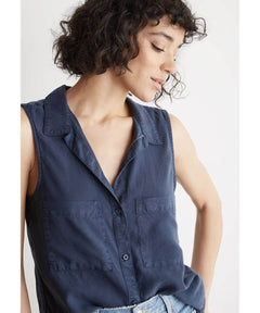 Trimmed Sleeveless Button Down Bermuda Navy - clearpathherbicide