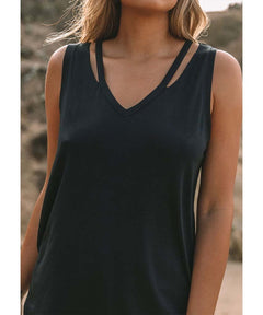 V - Neck Cutout Shirttail Tank Black - miamidrugpossession