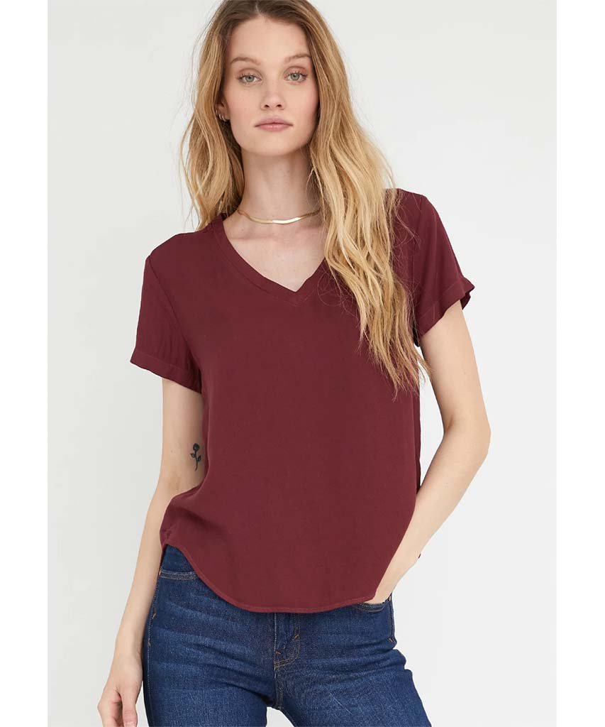 V - Neck Short Sleeve Tee Red Wine - miamidrugpossession