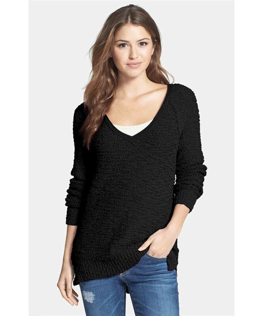 V - Neck Teddy Pullover Black - miamidrugpossession